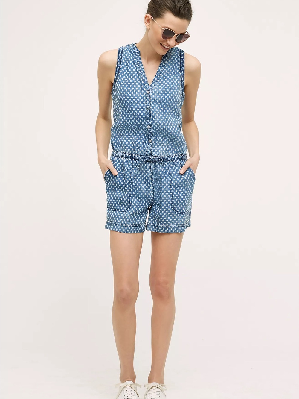 Anthropologie Dottie Chambray Denim Romper | Medium